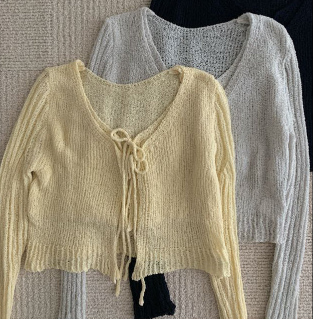 U cloakroom | Tie-Front Open-Knit Cropped Cardigan