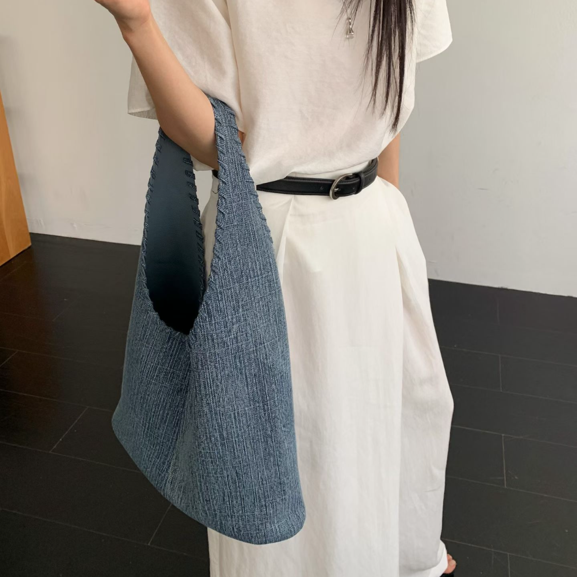 U Cloakroom | Textured Denim Slouchy Hobo Bag