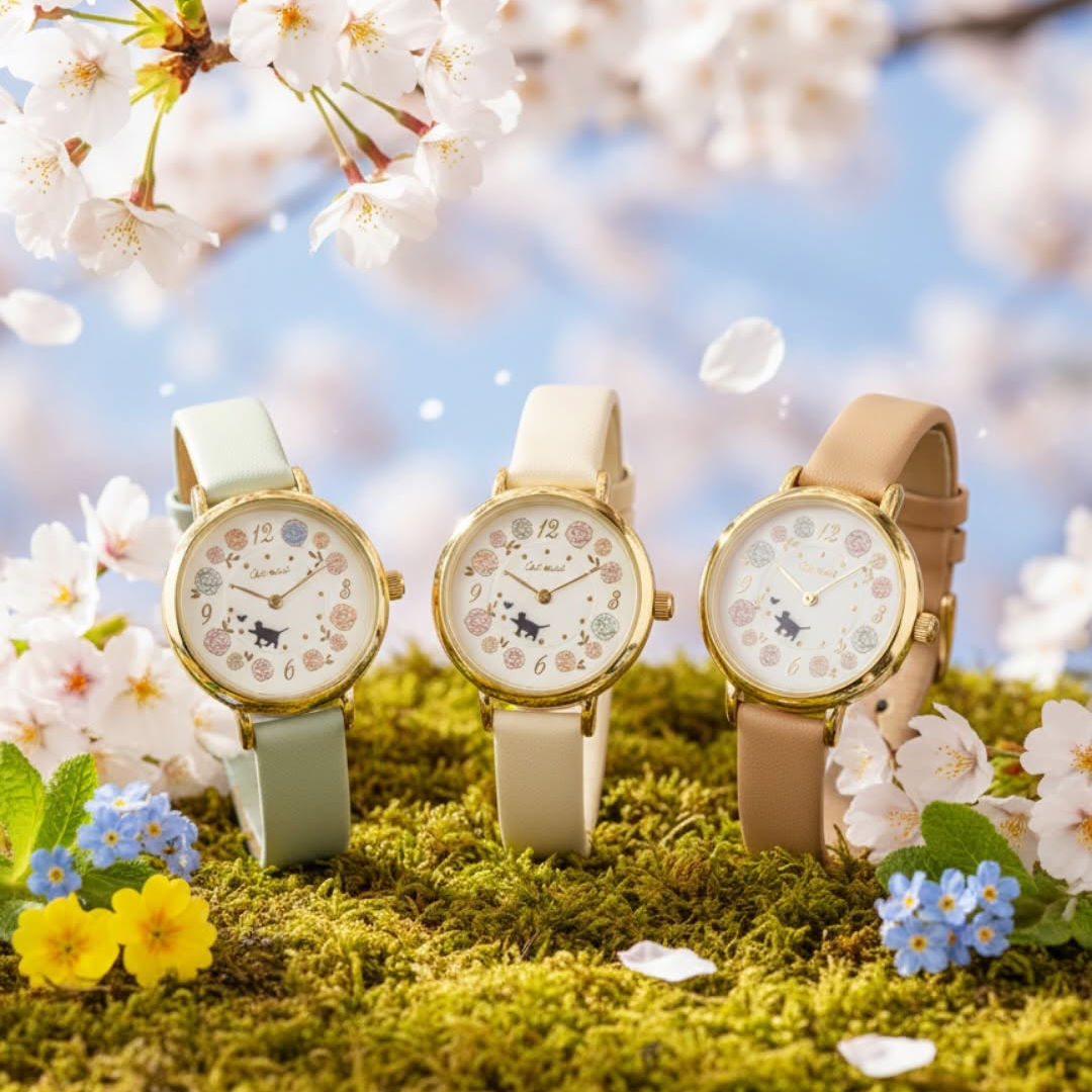 Zakkaholic | Pastel Floral Moveable Cat Walk Watch ༘⋆✿ 女裝 春日花海貓貓轉動手錶 [日常防水]