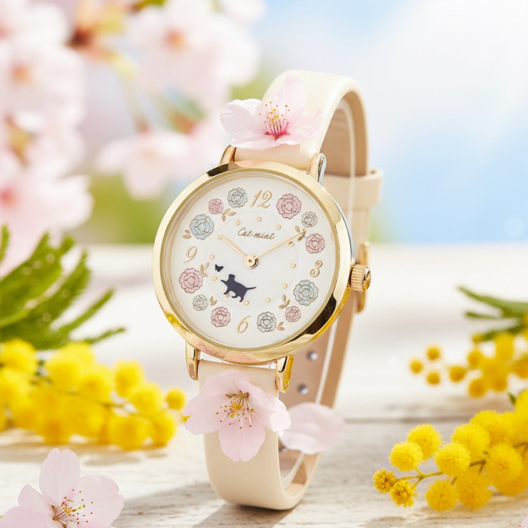 Zakkaholic | Pastel Floral Moveable Cat Walk Watch ༘⋆✿ 女裝 春日花海貓貓轉動手錶 [日常防水]