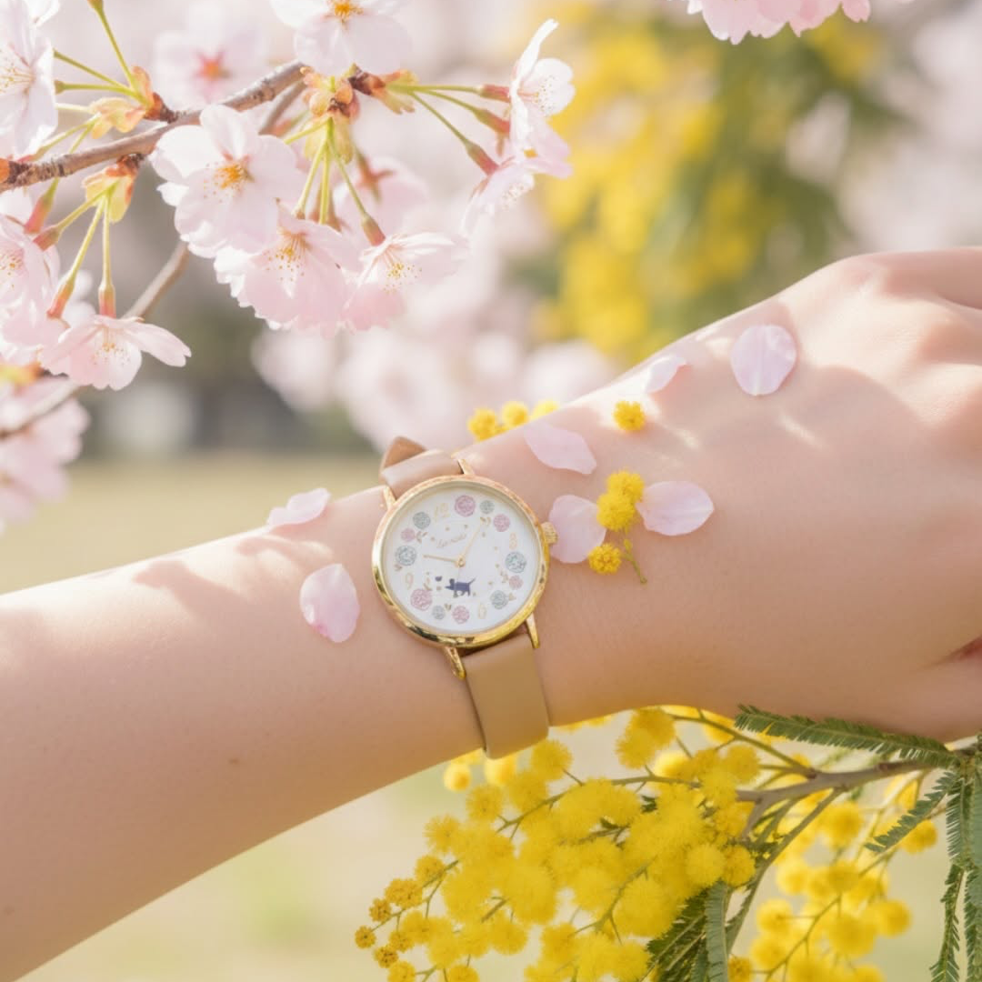 Zakkaholic | Pastel Floral Moveable Cat Walk Watch ༘⋆✿ 女裝 春日花海貓貓轉動手錶 [日常防水]