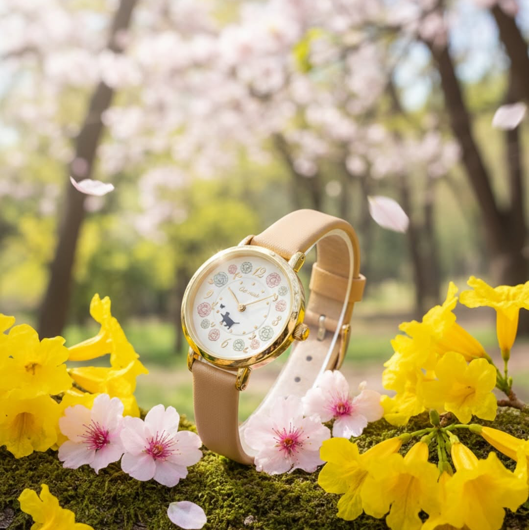 Zakkaholic | Pastel Floral Moveable Cat Walk Watch ༘⋆✿ 女裝 春日花海貓貓轉動手錶 [日常防水]
