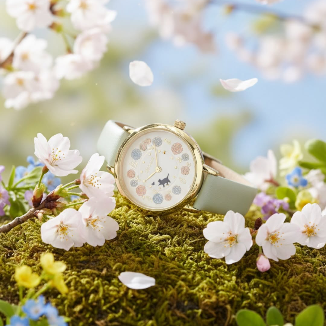 Zakkaholic | Pastel Floral Moveable Cat Walk Watch ༘⋆✿ 女裝 春日花海貓貓轉動手錶 [日常防水]