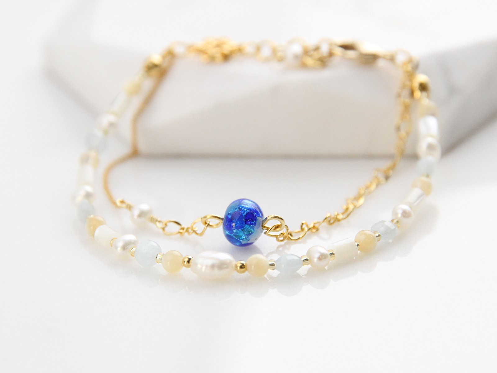 Zakkaholic | Jeenar Okinawa handmade bracelet 2連淡水珍珠 白螢琉璃