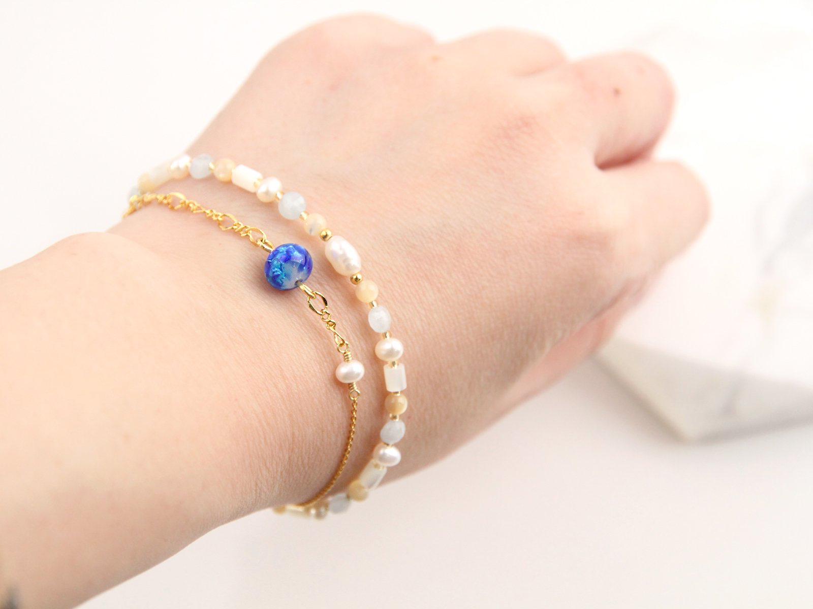 Zakkaholic | Jeenar Okinawa handmade bracelet 2連淡水珍珠 白螢琉璃