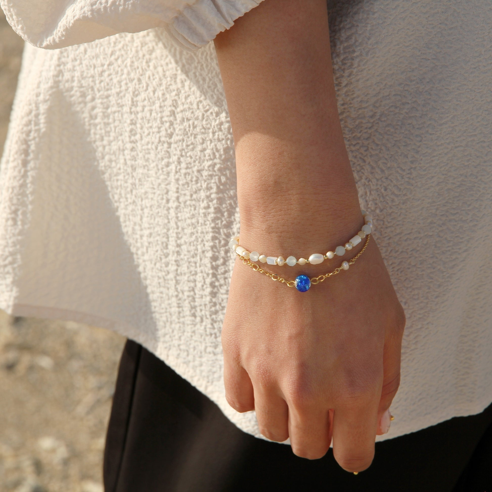 Zakkaholic | Jeenar Okinawa handmade bracelet 2連淡水珍珠 白螢琉璃
